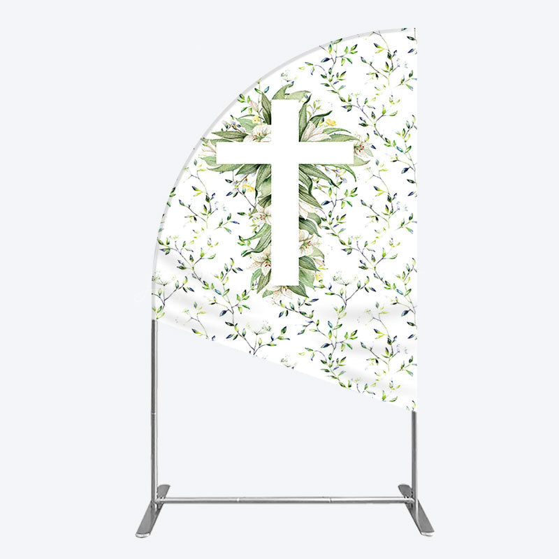 Lofaris Green Flower Cross God Bless Baptism Half Moon Arch Backdrop