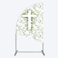 Lofaris Green Flower Cross God Bless Baptism Half Moon Arch Backdrop