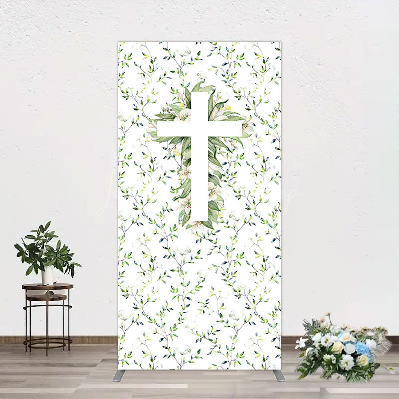 Lofaris Green Flower Cross God Bless Baptism Rectangle Backdrop