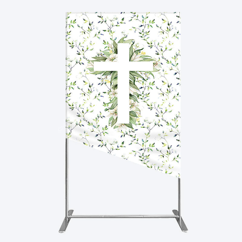 Lofaris Green Flower Cross God Bless Baptism Rectangle Backdrop
