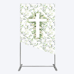 Lofaris Green Flower Cross God Bless Baptism Rectangle Backdrop