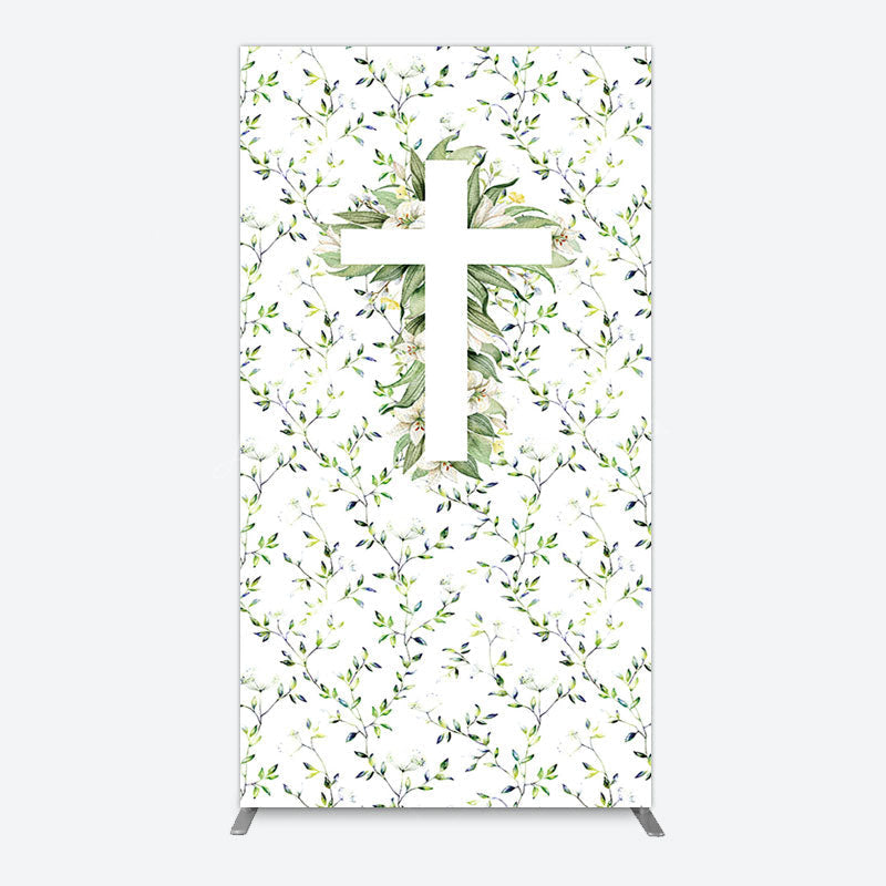 Lofaris Green Flower Cross God Bless Baptism Rectangle Backdrop