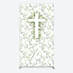 Lofaris Green Flower Cross God Bless Baptism Rectangle Backdrop