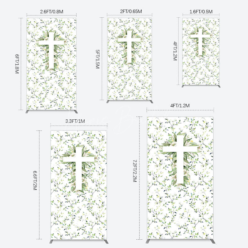 Lofaris Green Flower Cross God Bless Baptism Rectangle Backdrop