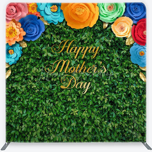 Lofaris Green Foliage Happy Mother’s Day Square Double-Sided Backdrop with Colorful Paper Flowers and Golden Leaves