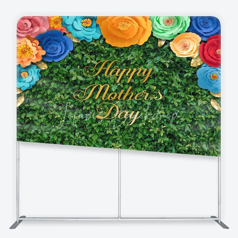 Lofaris Green Foliage Happy Mother’s Day Square Double-Sided Backdrop with Colorful Paper Flowers and Golden Leaves