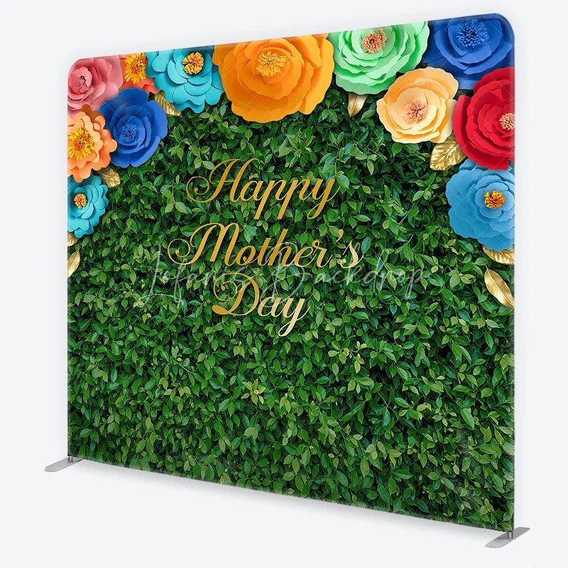 Lofaris Green Foliage Happy Mother’s Day Square Double-Sided Backdrop with Colorful Paper Flowers and Golden Leaves