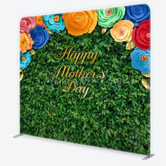 Lofaris Green Foliage Happy Mother’s Day Square Double-Sided Backdrop with Colorful Paper Flowers and Golden Leaves