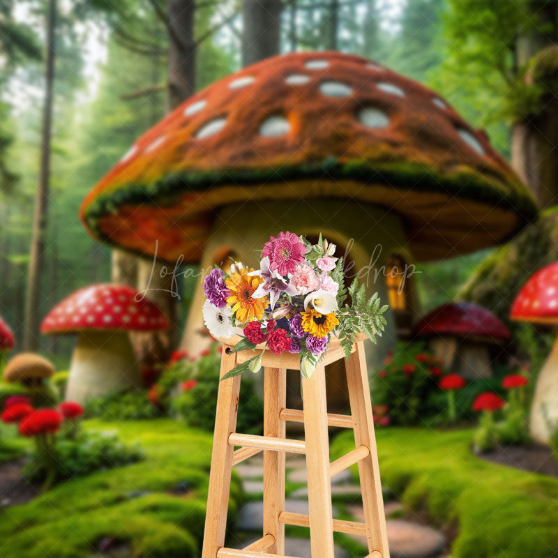 Lofaris Green Forest Fairy Tale Mushroom House Photo Backdrop