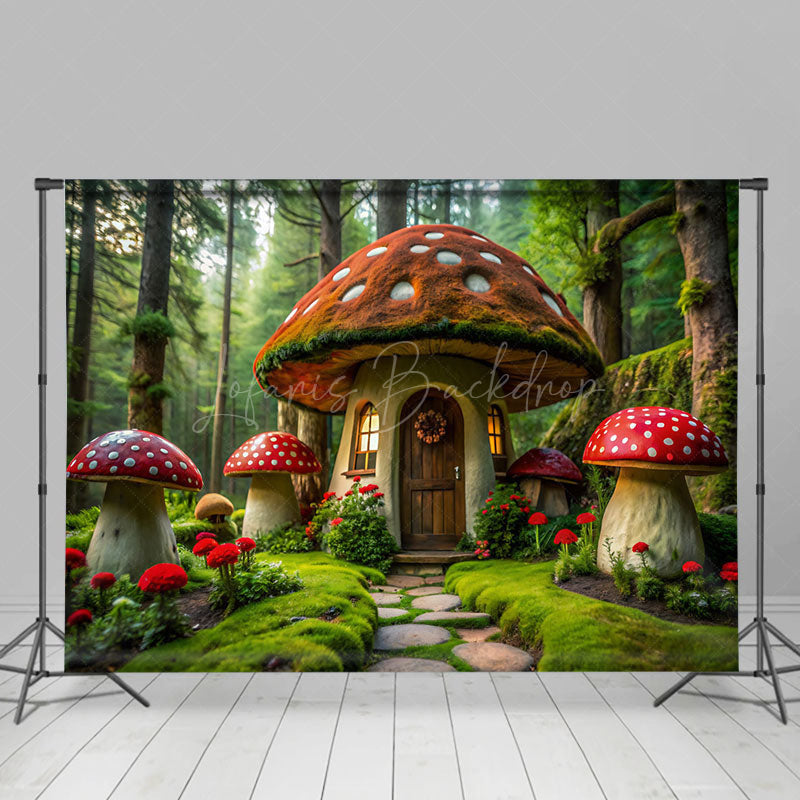 Lofaris Green Forest Fairy Tale Mushroom House Photo Backdrop