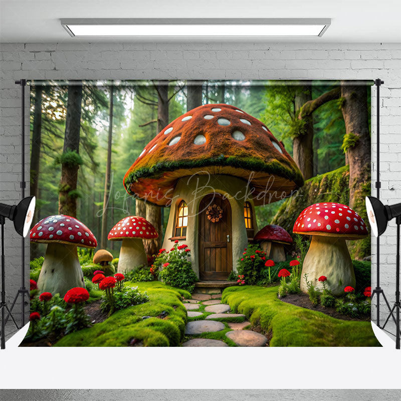 Lofaris Green Forest Fairy Tale Mushroom House Photo Backdrop