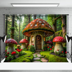 Lofaris Green Forest Fairy Tale Mushroom House Photo Backdrop