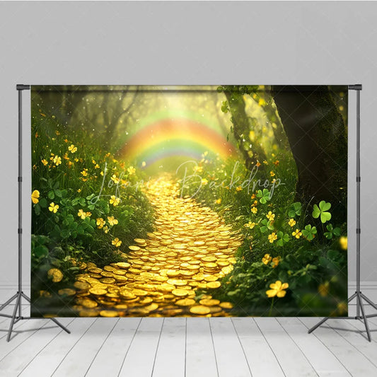 Lofaris Green Forest Photography Backdrop with Rainbow Gold Coin Path and Lucky Clovers Enchanted Scenery