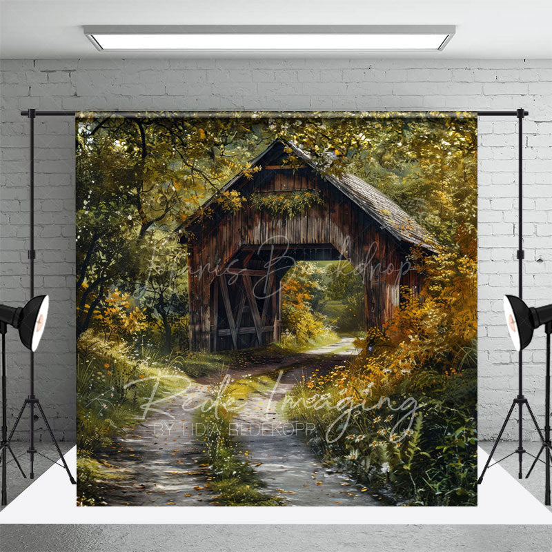 Lofaris Green Forest Summer Covered Bridge Photo Backdrop