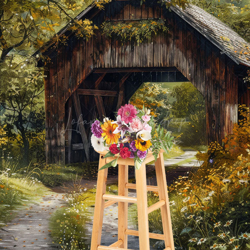 Lofaris Green Forest Summer Covered Bridge Photo Backdrop