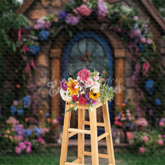 Lofaris Green Garden Floral Retro Stone Cabin Photo Backdrop