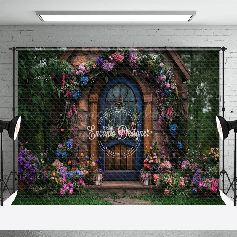 Lofaris Green Garden Floral Retro Stone Cabin Photo Backdrop