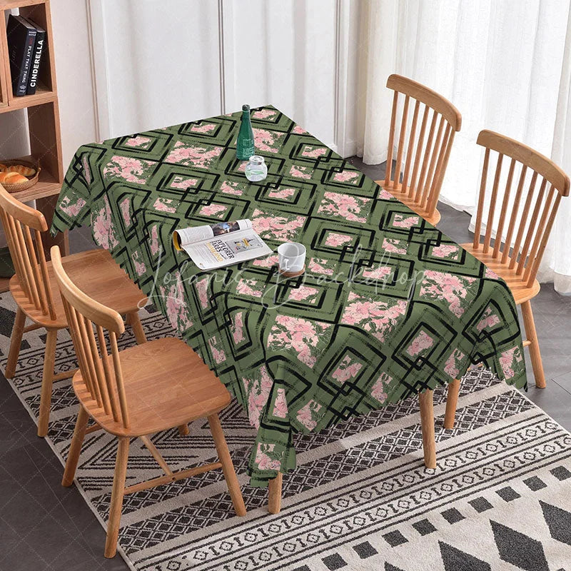 Lofaris Green Geometric Square Pink Floral Rectangle Tablecloth Modern Art Frame Flower Pattern Abstract Dining Table Cover Decor
