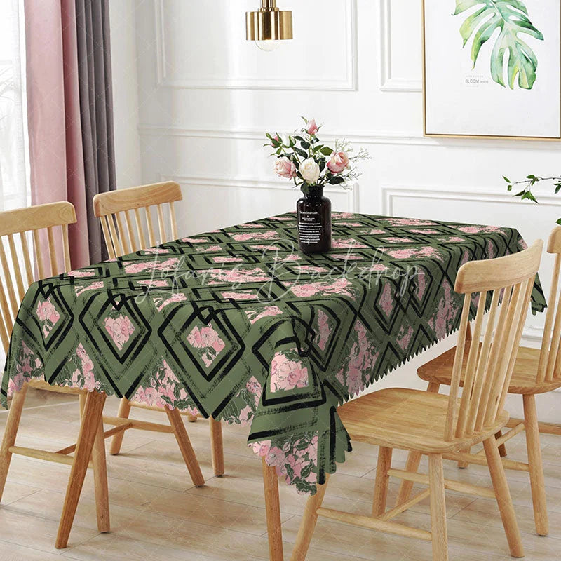 Lofaris Green Geometric Square Pink Floral Rectangle Tablecloth Modern Art Frame Flower Pattern Abstract Dining Table Cover Decor
