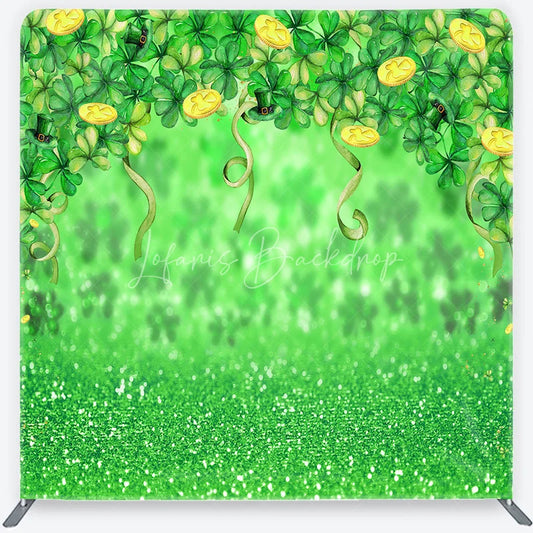 Lofaris Green Glitter St. Patrick’s Day Shamrocks and Gold Coins Square Double-Sided Backdrop Leprechaun Hat Party Decor