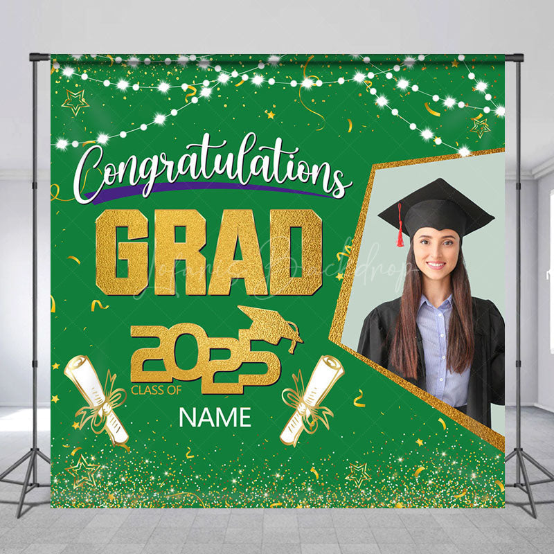Lofaris Green Gold Congrats Grad Custom Photo Name Backdrop