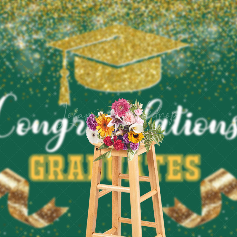 Lofaris Green Gold Glitter Ribbons Congrats Grad Backdrop