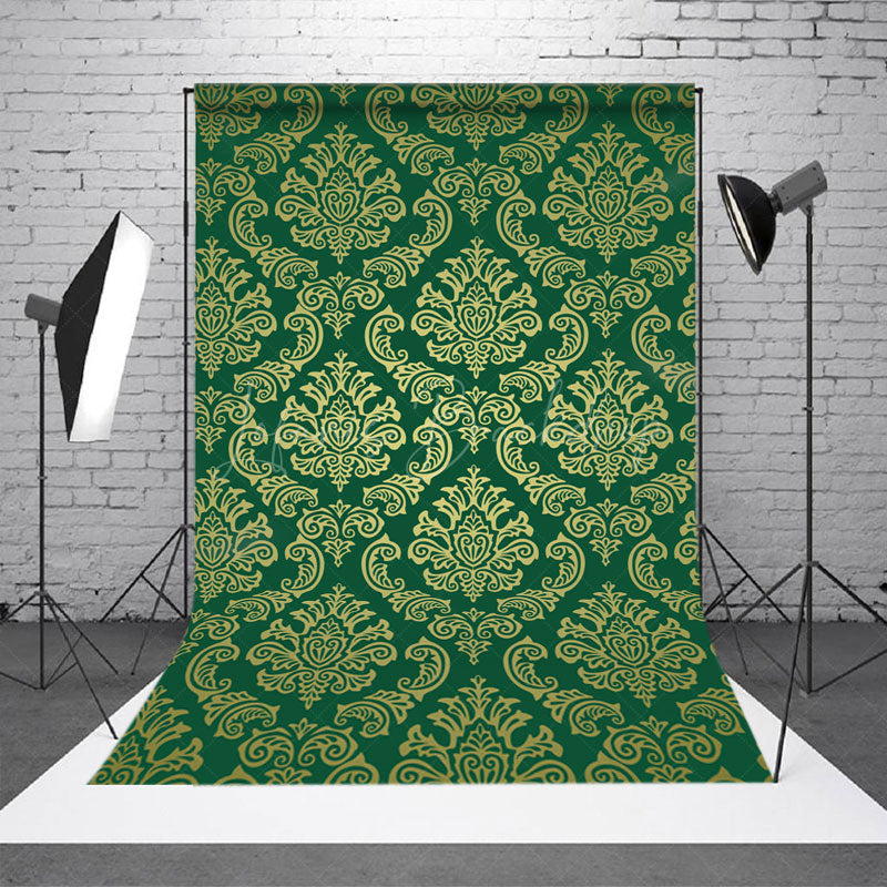 Lofaris Green Gold Vintage Floral Damask Pattern Backdrop