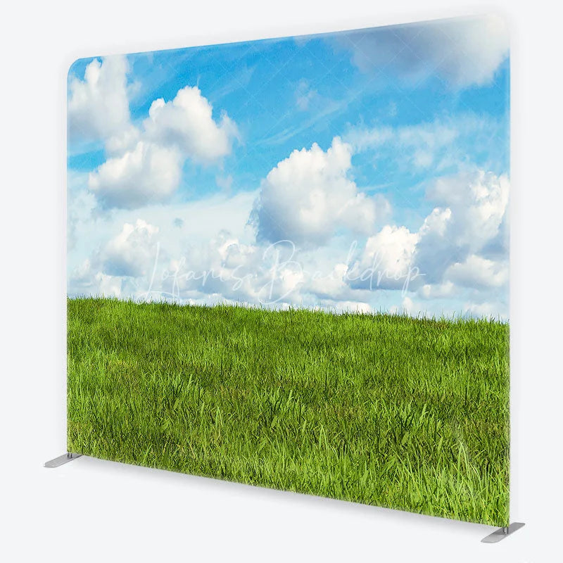 Lofaris Green Grass Field and Blue Sky with White Clouds Square Double-Sided Backdrop Natural Landscape Photography Prop