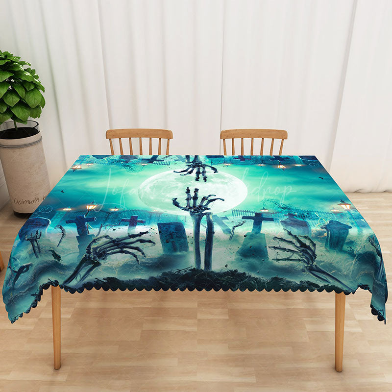 Lofaris Green Halloween Rectangle Tablecloth with Graveyard and Full Moon for Spooky Zombie Apocalypse Party