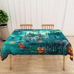 Lofaris Green Halloween Rectangle Tablecloth with Spooky Jack O’ Lanterns for Zombie and Haunted Party Decor