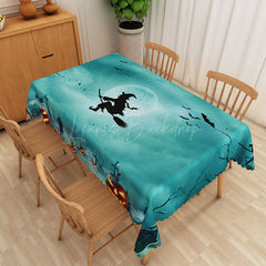 Lofaris Green Halloween Rectangle Tablecloth with Witch Moon and Bats for Spooky Night Wicked Party Decor
