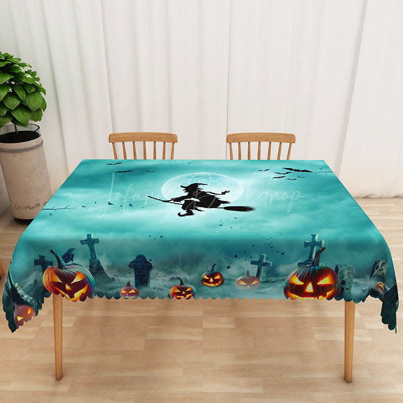 Lofaris Green Halloween Rectangle Tablecloth with Witch Moon and Bats for Spooky Night Wicked Party Decor