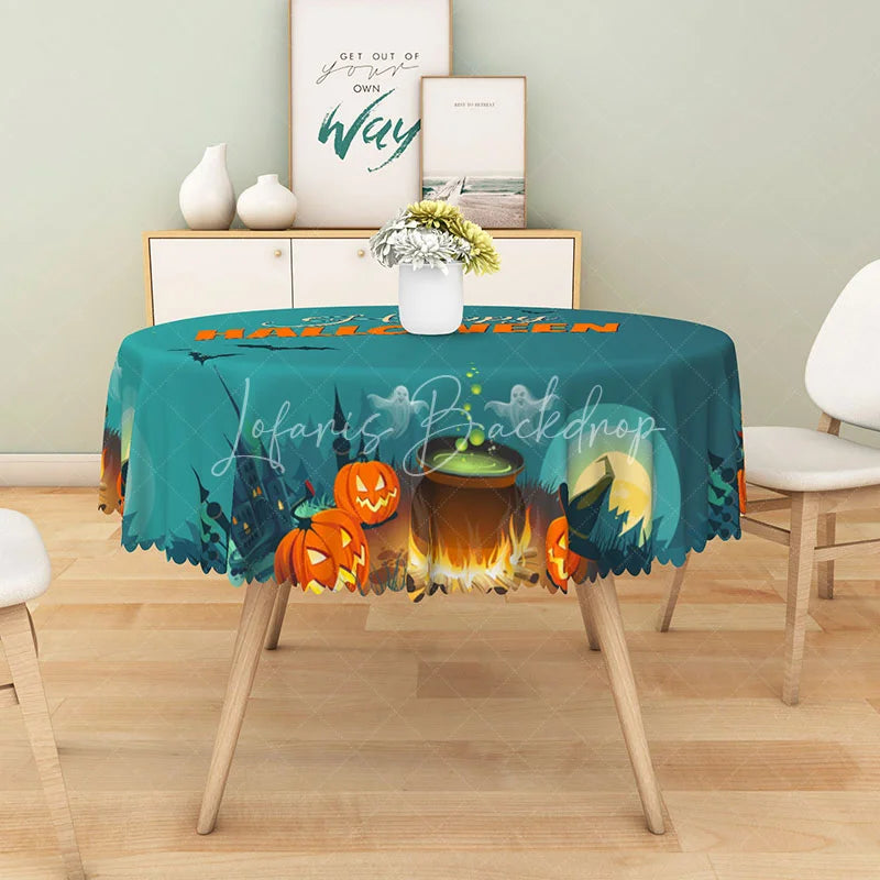 Lofaris Green Halloween Round Tablecloth with Bats Ghosts and Witch Hats for Fun Spooky Party Decor