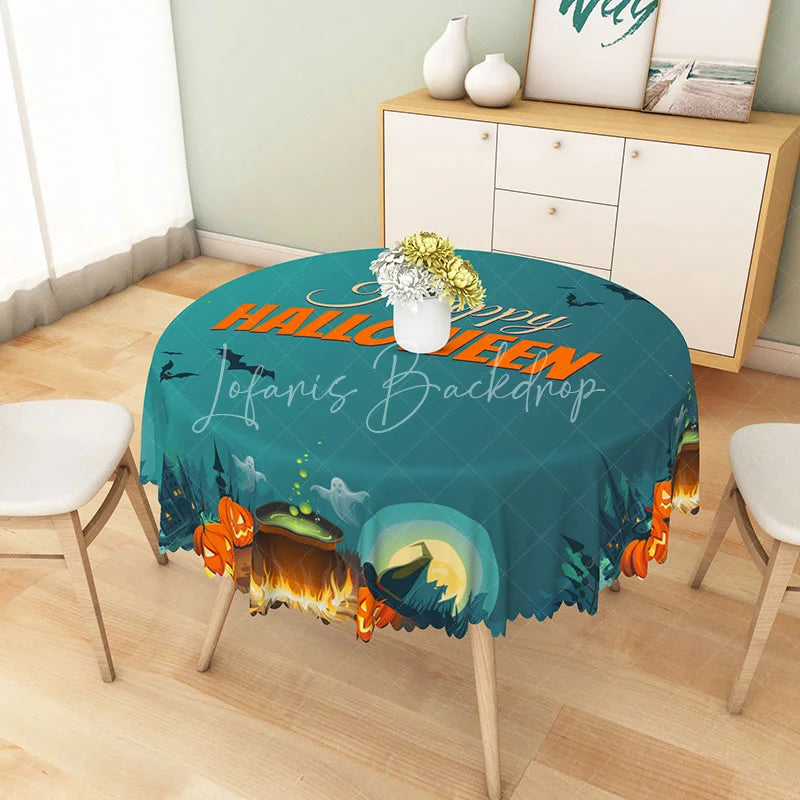 Lofaris Green Halloween Round Tablecloth with Bats Ghosts and Witch Hats for Fun Spooky Party Decor