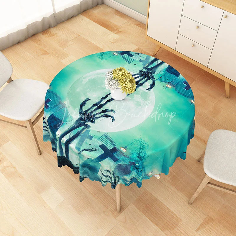 Lofaris Green Halloween Round Tablecloth with Full Moon and Graveyard for Zombie Spooky Party Decor