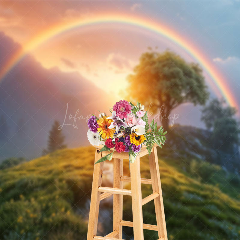 Lofaris Green Hillside Rainbow Sunset Natural Scene Backdrop