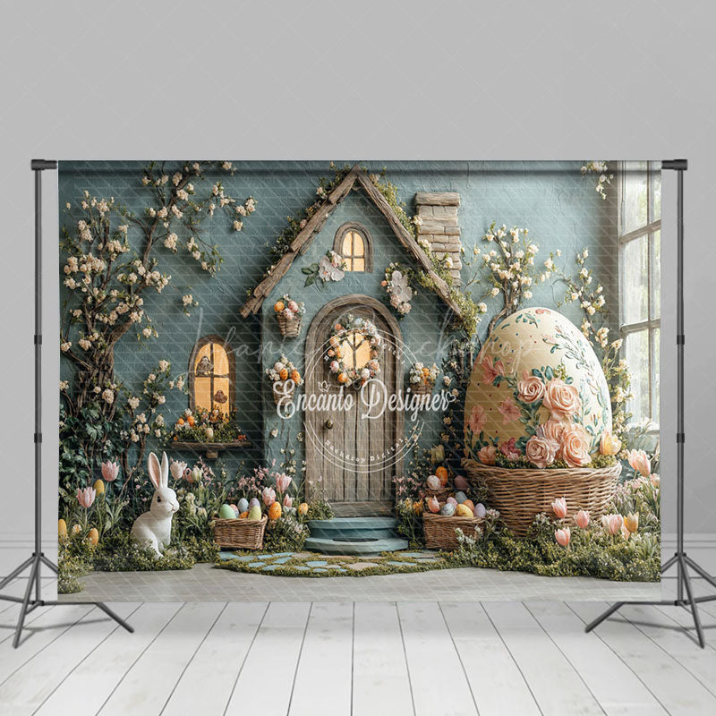 Lofaris Green House Floral Eggs Bunny Easter Photo Backdrop