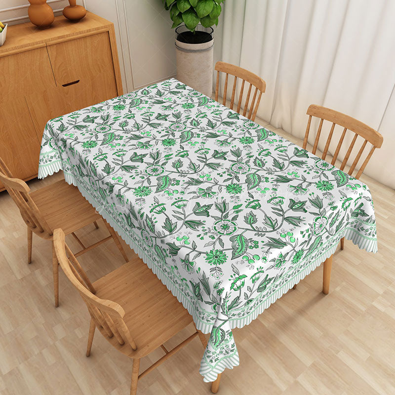 Lofaris Green Leaf and Floral Rectangle Tablecloth on White for Spring Garden Party Botanical Dining