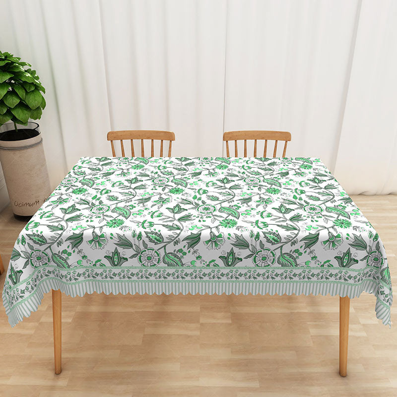 Lofaris Green Leaf and Floral Rectangle Tablecloth on White for Spring Garden Party Botanical Dining