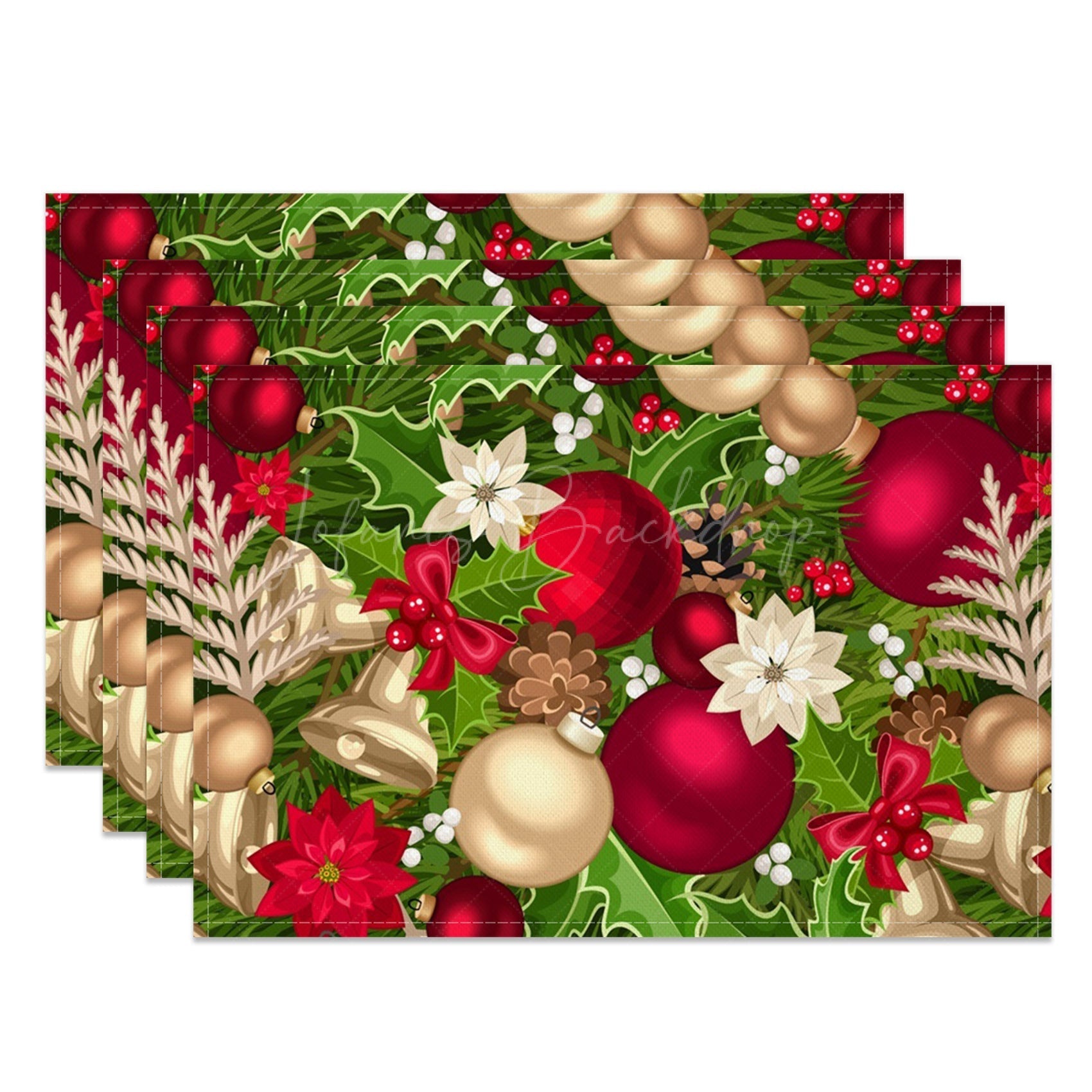 Lofaris Green Leaf Bells Floral Christmas Set Of 4 Placemats