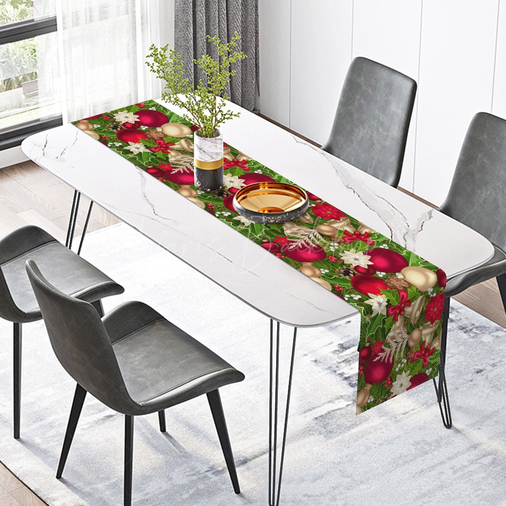 Lofaris Green Leaves Cherry Gold Bells Christmas Table Runner