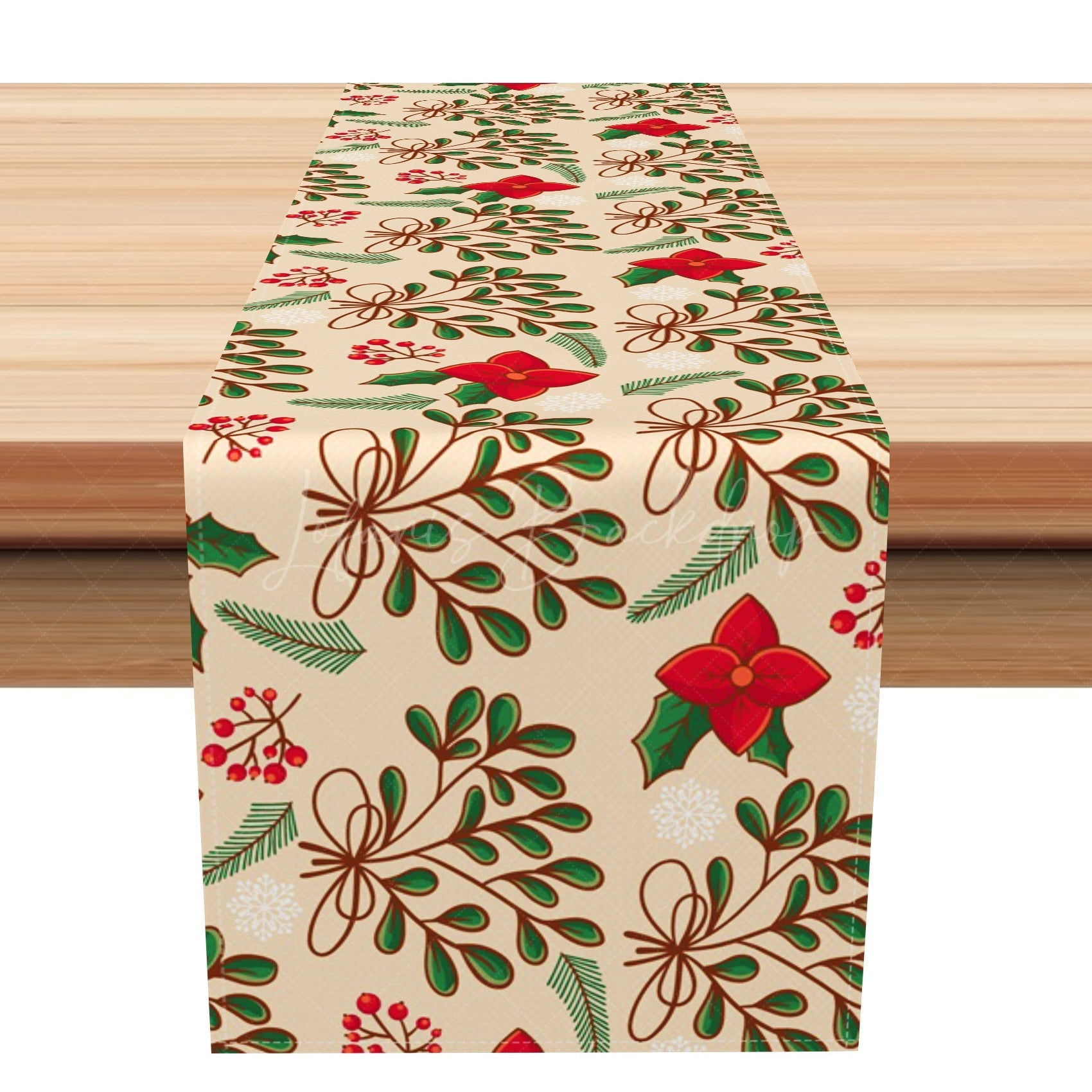 Lofaris Green Leaves Poinsettia Floral Christmas Table Runner
