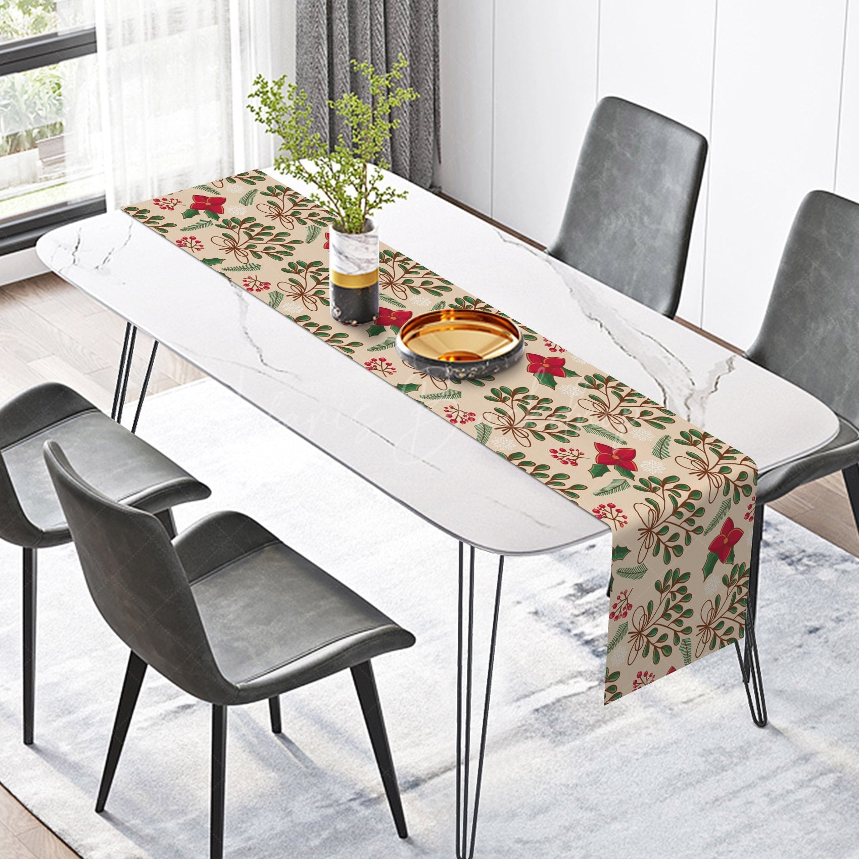 Lofaris Green Leaves Poinsettia Floral Christmas Table Runner
