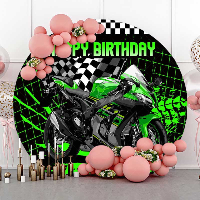 Lofaris Green Motorcycle Plaid Round Birthday Backdrop