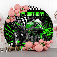 Lofaris Green Motorcycle Plaid Round Birthday Backdrop