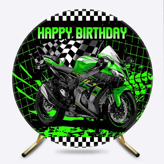 Lofaris Green Motorcycle Plaid Round Birthday Backdrop