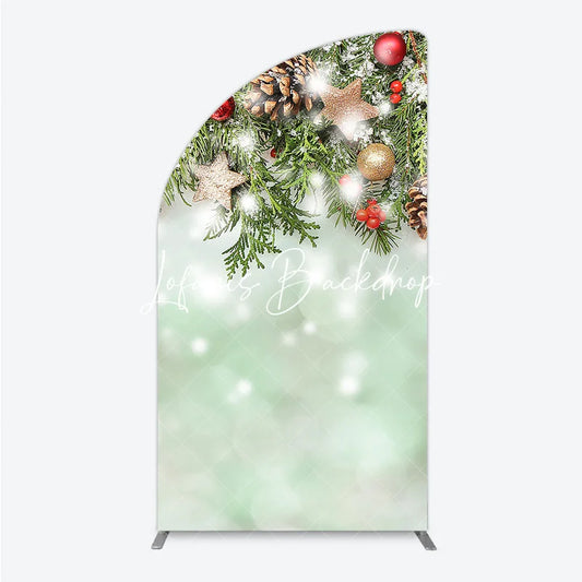 Lofaris Green Pine and Red Berry Christmas Half Moon Arch Backdrop Golden Stars Snow Winter Decor