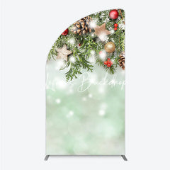 Lofaris Green Pine and Red Berry Christmas Half Moon Arch Backdrop Golden Stars Snow Winter Decor