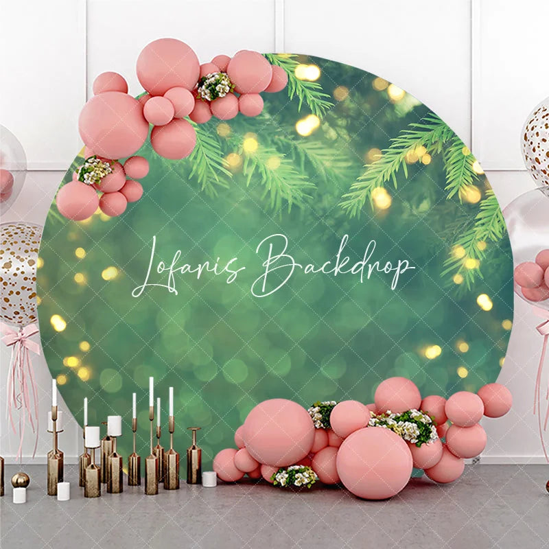 Lofaris Green Pine Branches with Gold Bokeh Lights Glitter Round Backdrop Festive Winter Christmas Party Decor
