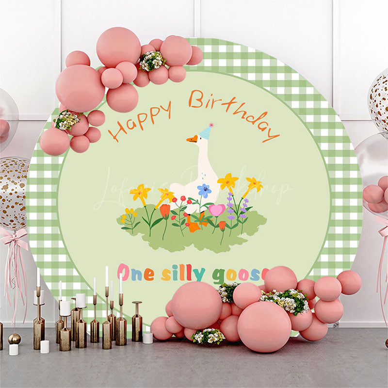 Lofaris Green Plaid One Silly Goose Round Birthday Backdrop